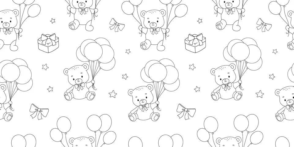 Seamless pattern with cute teddy bear with balloons, hand drawn childish il.. Illustrazione stock