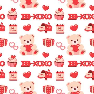 Seamless pattern with cute teddy bears, hearts and gifts. Vector illustration.  イラスト素材