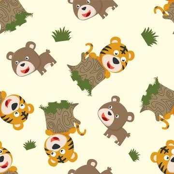 Seamless pattern of cute tiger and bear in the jungle. Creative vector Stock Illustration