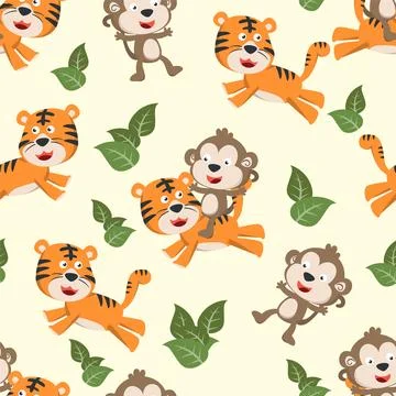 Seamless pattern of cute tiger and monkey in the jungle. Illustrazione stock