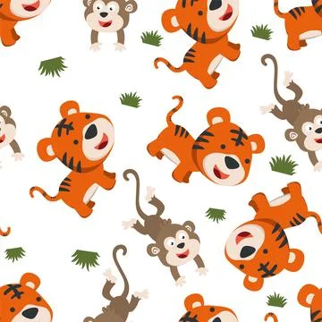 Seamless pattern of cute tiger and monkey in the jungle. Stock Illustration