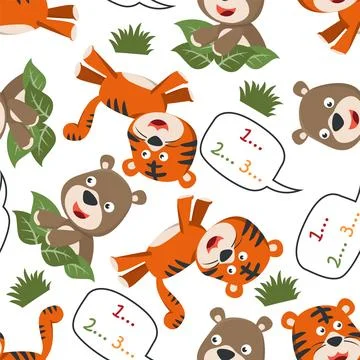 Seamless pattern of cute tiger and bear in the jungle. Stock Illustration