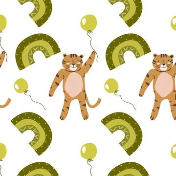 Seamless pattern with cute tiger and baloon childish イラスト素材