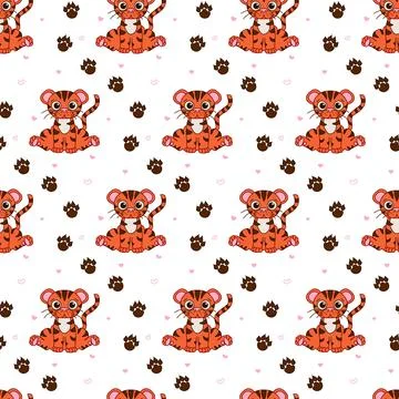 Seamless pattern with cute tiger and footsteps. Vector graphic line illustrat Stock Illustration