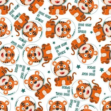 Seamless pattern of cute tiger astronaut exploring the red planet. Stock Illustration