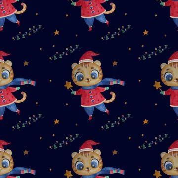 Seamless pattern with cute tiger. Beautiful New Year character in winter clothes Stock Illustration