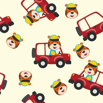 Seamless pattern of Cute tiger driving a car go to forest Stock Illustration