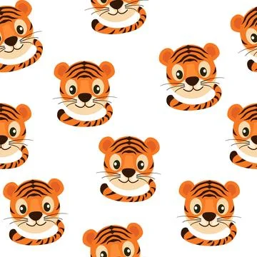 Seamless pattern with cute tiger face for wallpaper. Stock Illustration
