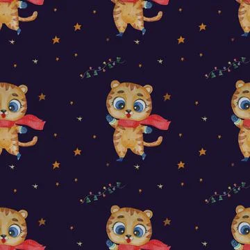Seamless pattern with cute tiger. Little tiger cub New Year character in a Stock Illustration