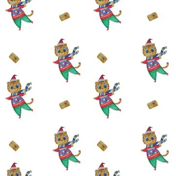 Seamless pattern with cute tiger. New Years tiger in Santa hat in winter clot Stockillustratie