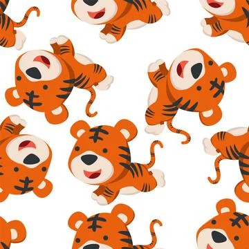 Seamless pattern of cute tiger running in the jungle. Illustrazione stock