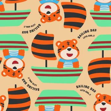 Seamless pattern with cute tiger sailor, Cute Marine pattern for fabric, 스톡 일러스트