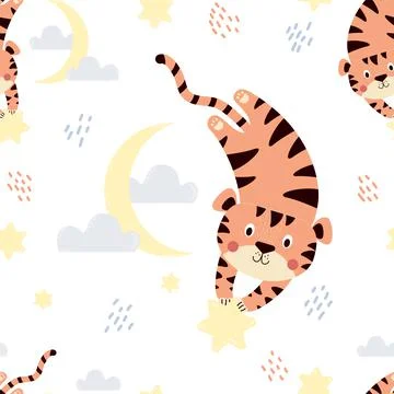Seamless pattern with cute tiger in the sky. Cute animal with a star on white ba Stock Illustration