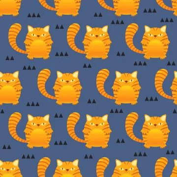 Seamless pattern cute tiger stripes cat on blue background, kid design style, Illustrazione stock