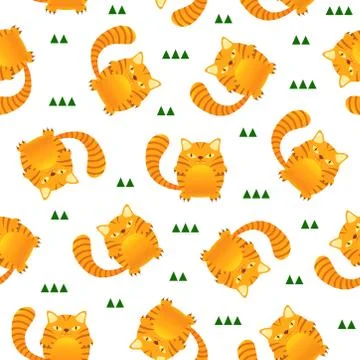 Seamless pattern cute tiger stripes cat on white background, kid design style Stock Illustration