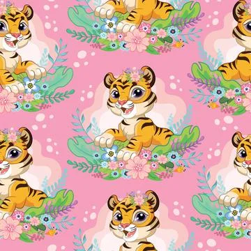 Seamless pattern with cute tigers and flowers Stock Illustration