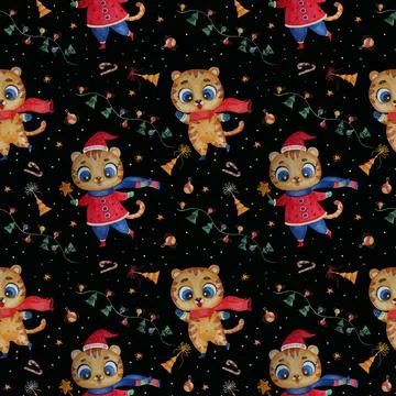 Seamless pattern with cute tigers. Christmas animal in winter clothes on a bl Stock Illustration