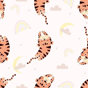 Seamless pattern with cute tigers. Cute sleeping animal on a light background wi Stockillustratie