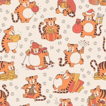 Seamless pattern with cute tigers. Festive background with funny chinese new Stock Illustration