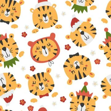 Seamless pattern with cute tigers . Stock Illustration