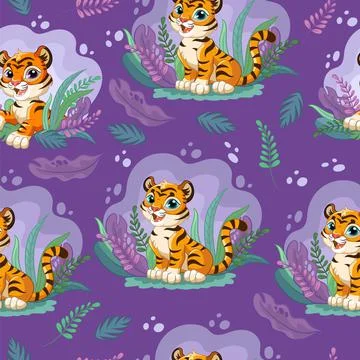 Seamless pattern with cute tigers in jungle Stock Illustration