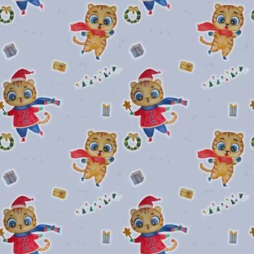 Seamless pattern with cute tigers. New Year character in winter clothes on a  스톡 사진