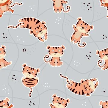 Seamless pattern with cute tigers. Sleeping, sitting playful striped tigers on a Stockillustratie
