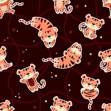 Seamless pattern with cute tigers. The striped animal sits, sleeps on a burgundy Stock Illustration