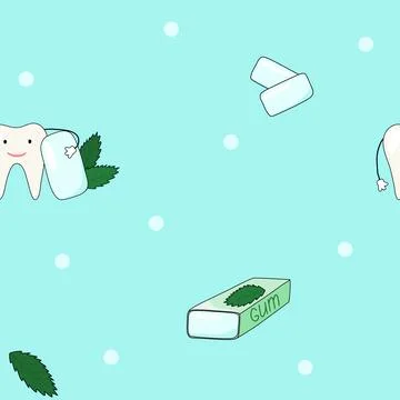 Seamless pattern with cute tooth character and mint gum pads, doodle style flat Stock Illustration