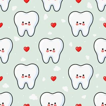 Seamless pattern with cute tooth characters and hearts Stock Illustration