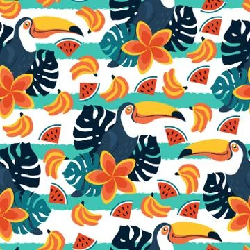 Seamless pattern with cute toucans and fruits Stock Illustration