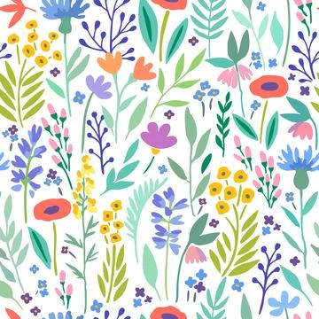 Seamless pattern with cute trendy flowers and plant elements for design and Stock Illustration