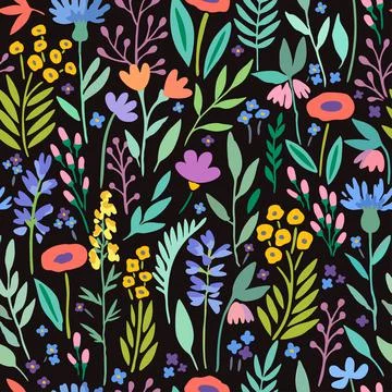 Seamless pattern with cute trendy flowers and plant elements for design and Stock Illustration