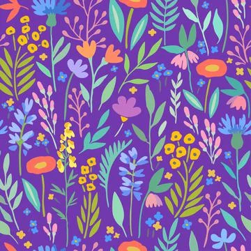 Seamless pattern with cute trendy flowers and plant elements for design and イラスト素材