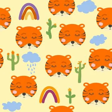 Seamless pattern with cute tribal animal faces. Illustration in boho style,.. イラスト素材
