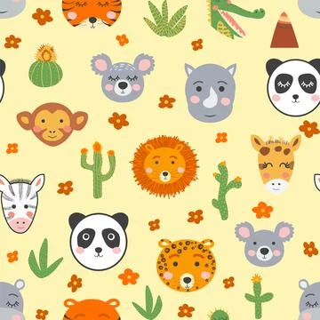 Seamless pattern with cute tribal animal faces. Illustration in boho style,.. Illustrazione stock