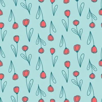 Seamless pattern cute tulip flower on blue background wallpaper wrapping text Stock Illustration