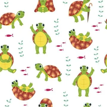 Seamless pattern with cute turtles in cartoon style for fabric, wallpaper and Stock Illustration
