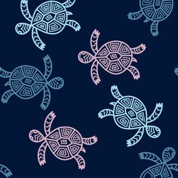 Seamless pattern with cute turtles. Hand drawn vector Stock Illustration