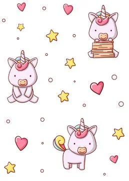 Seamless pattern cute unicorn books with stars and hearts cartoon kawaii flat Stock Illustration