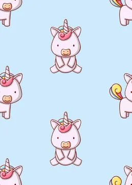 Seamless pattern cute unicorn cartoon kawaii flat hand drawn on blue background Stock Illustration