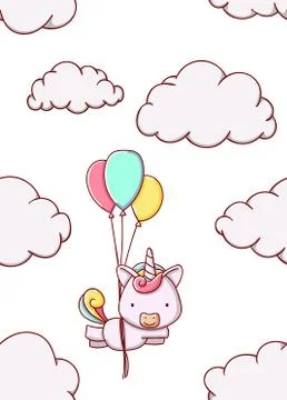 Seamless pattern cute unicorn cloud cartoon kawaii flat hand drawn on white Stock Illustration