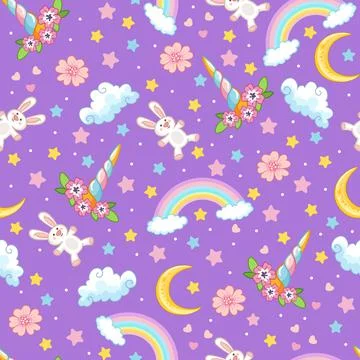 Seamless pattern cute unicorn horn and rainbow vector illustration Stock Illustration