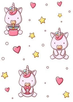 Seamless pattern cute unicorn sweet with stars and hearts cartoon kawaii flat Illustrazione stock