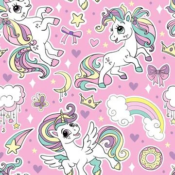Seamless pattern cute unicorns and magic elements vector Stock Illustration