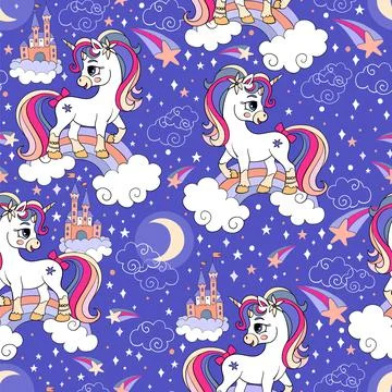 Seamless pattern cute unicorns and magic elements vector blue Illustrazione stock