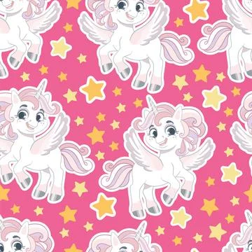 Seamless pattern with cute unicorns and stars pink vector illustration Stock Illustration