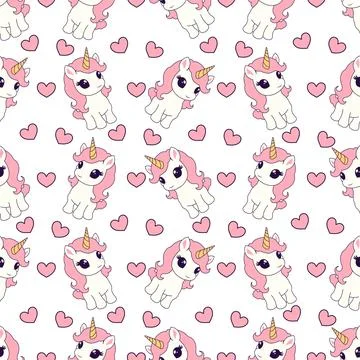 Seamless pattern with cute unicorns and hearts. Stock Illustration