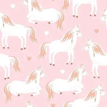 Seamless pattern with cute unicorns and hearts. Pastel pink palette. Vector.. Stock Illustration