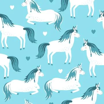 Seamless pattern with cute unicorns and hearts. Pastel light blue palette. .. Illustrazione stock